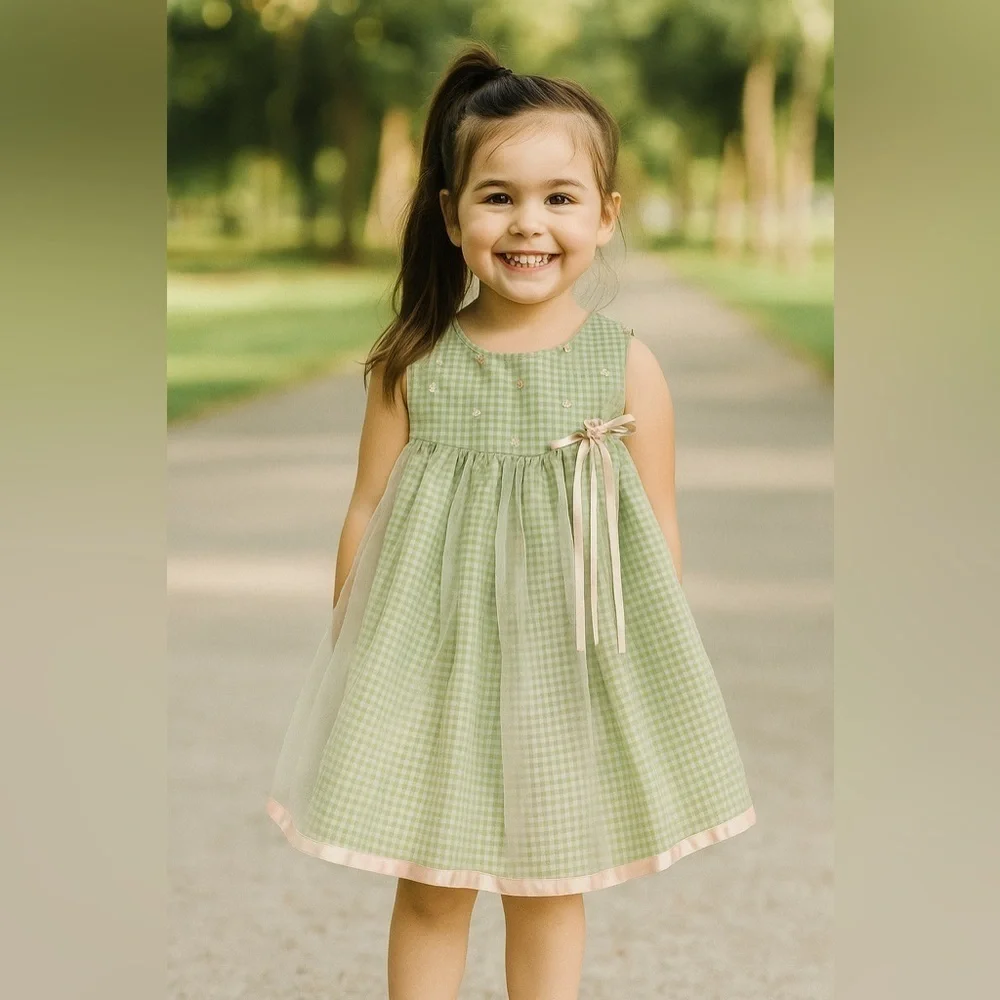 Ashley Ann Girls Gingham Dress Embellished Bow Tulle Overlay Size 24 Months